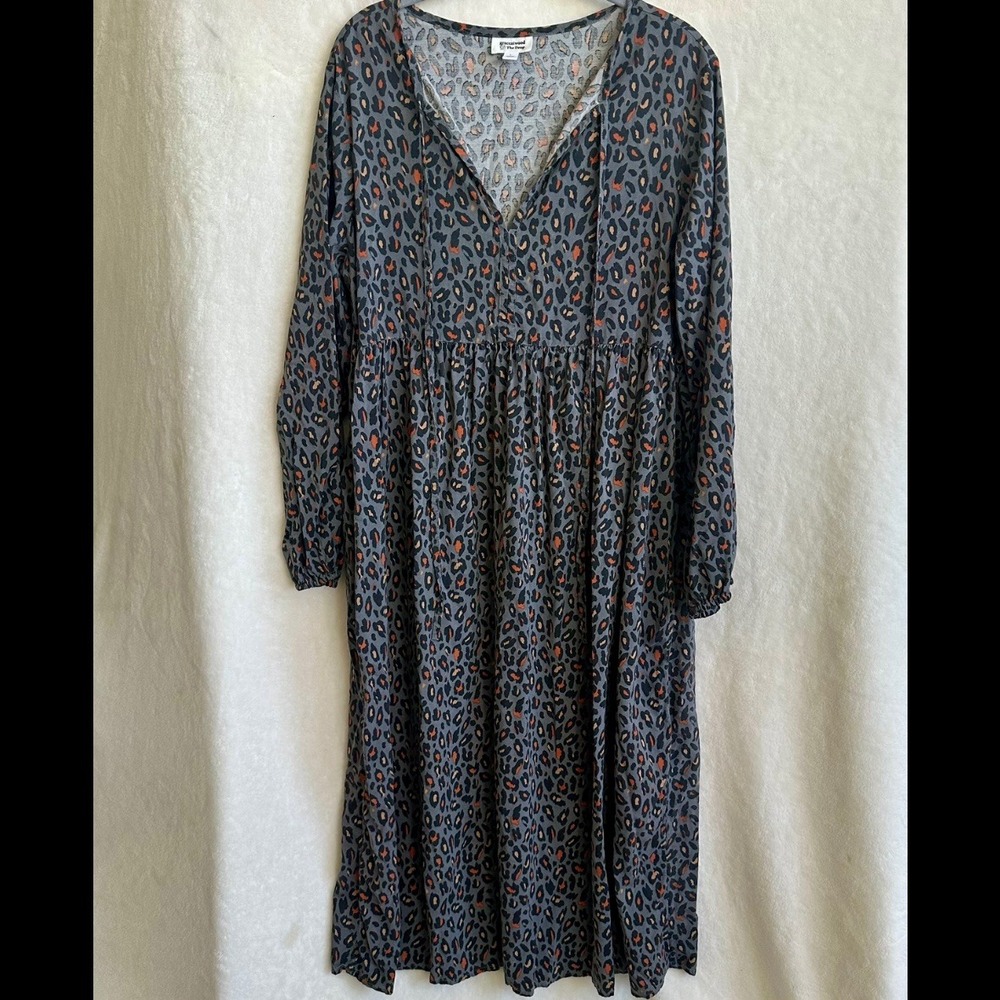 The Drop Grace Atwood Grey Charcoal Leopard Tiered Smock Midi Dress Large L‎